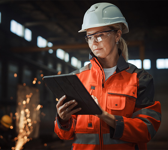 Woman in factory wearing hi-vis and hard hat using ipad